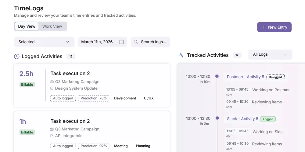 Smart Time Logs interface