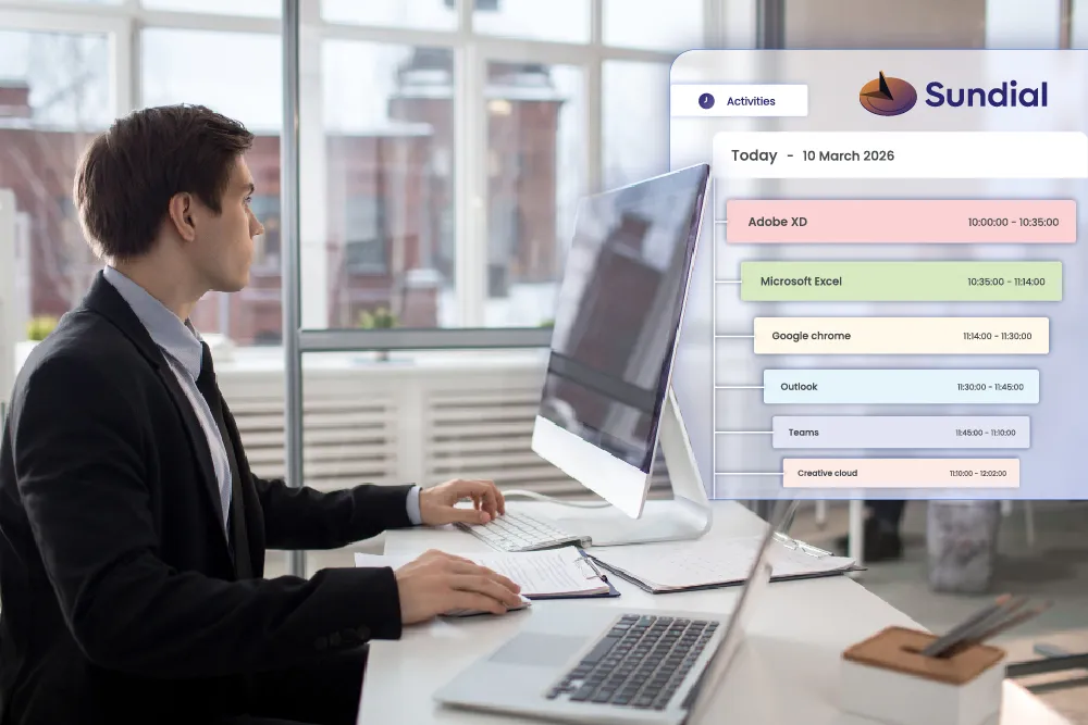 Sundial automatic activity tracking timeline beside an employee at work