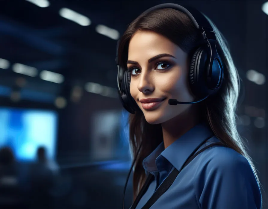 Female customer support agent wearing a headset